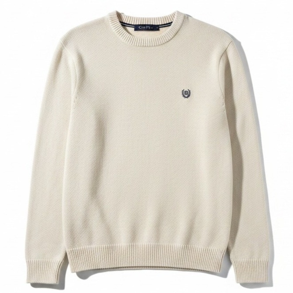 Chaps Cream Cotton Crewneck Sweater, Navy Crest Logo,‎ Men's Large